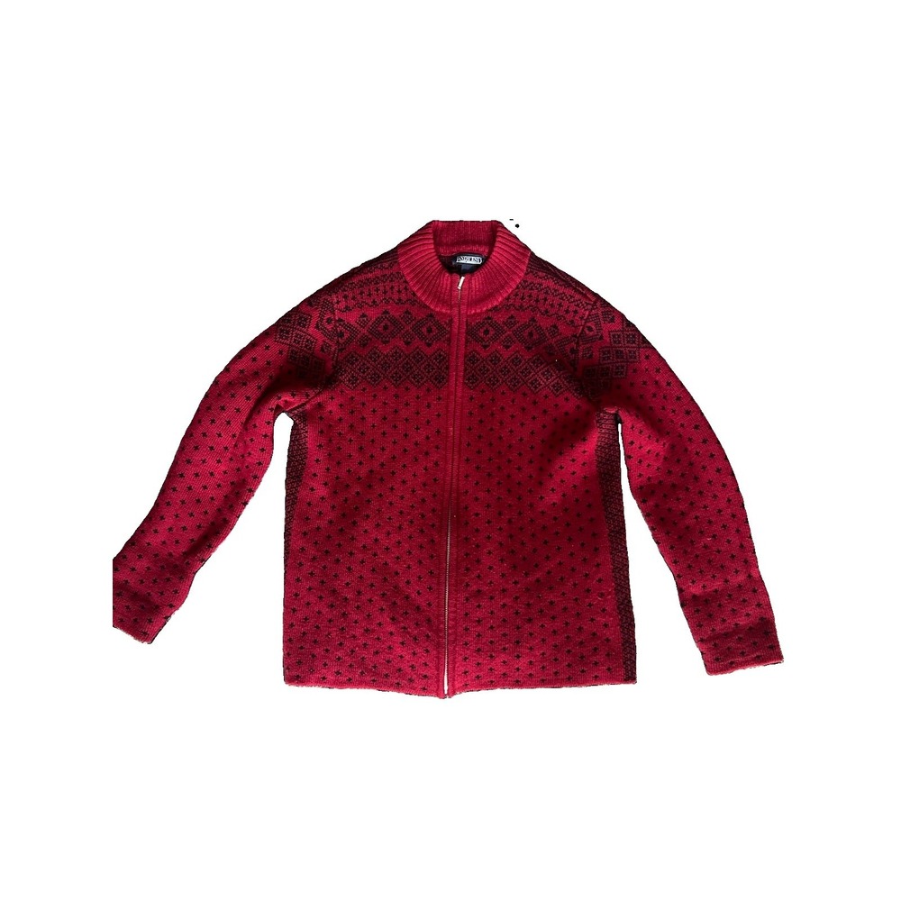 Lands' End Fair Isle Nordic Sweater Cardigan Wool Full Zip Ski Red Sz Large